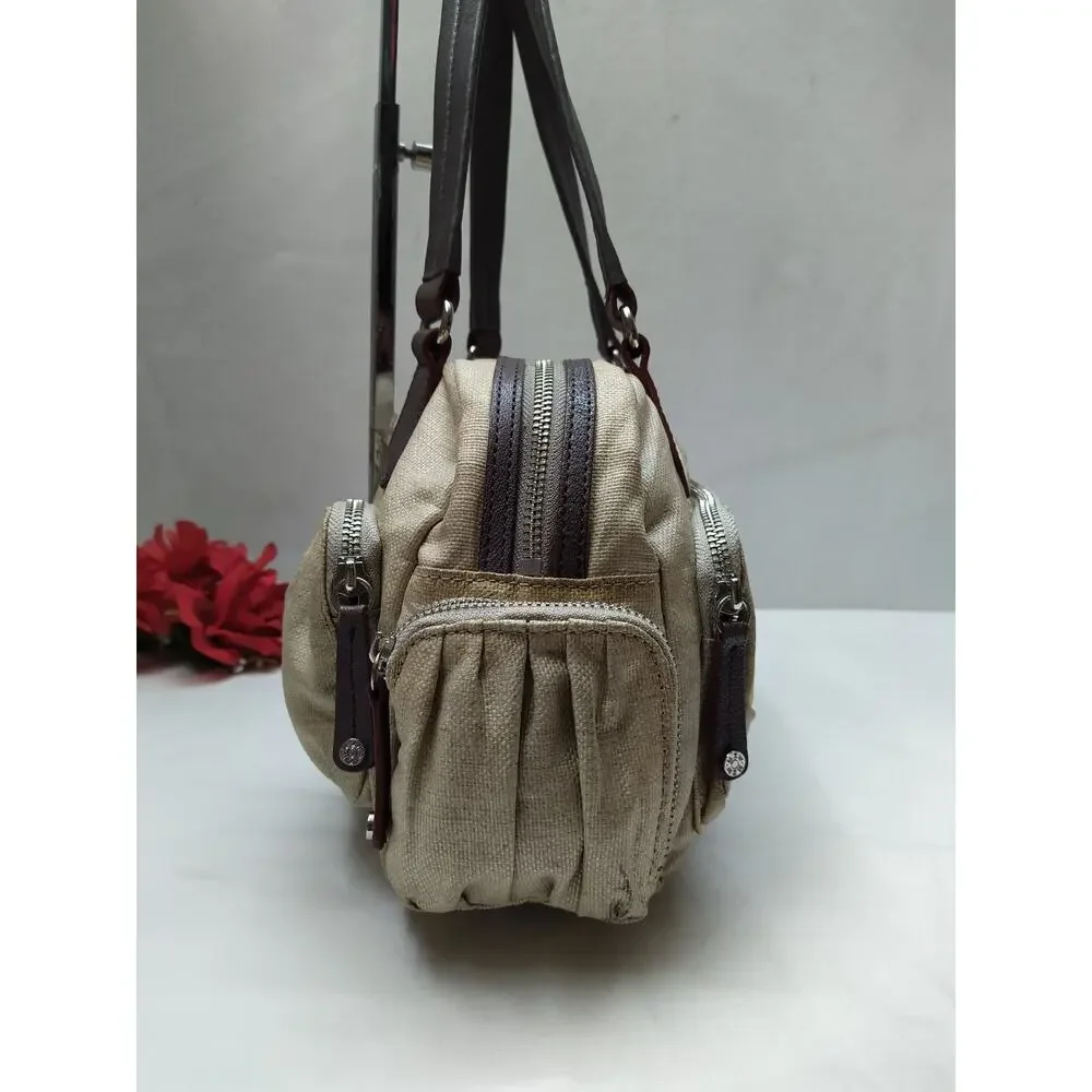 MZ Wallace Beige Leather Zipper Pockets Double Handles Satchel Shoulder Bag